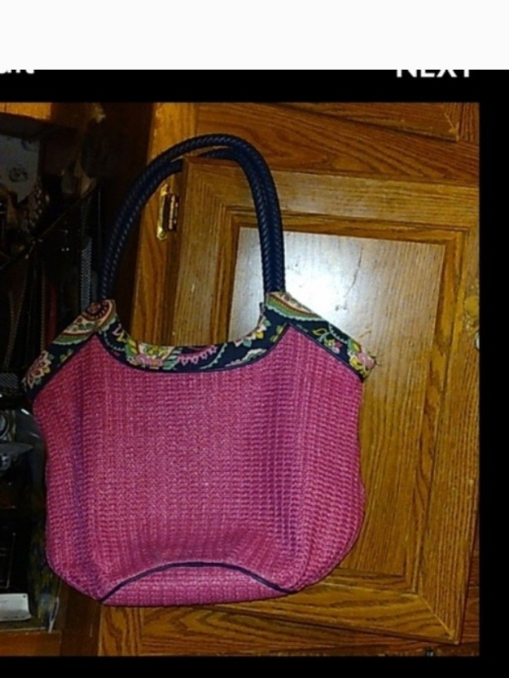 Vera Bradley Large Pink Woven Tote with Navy Handles and Patterned Trim